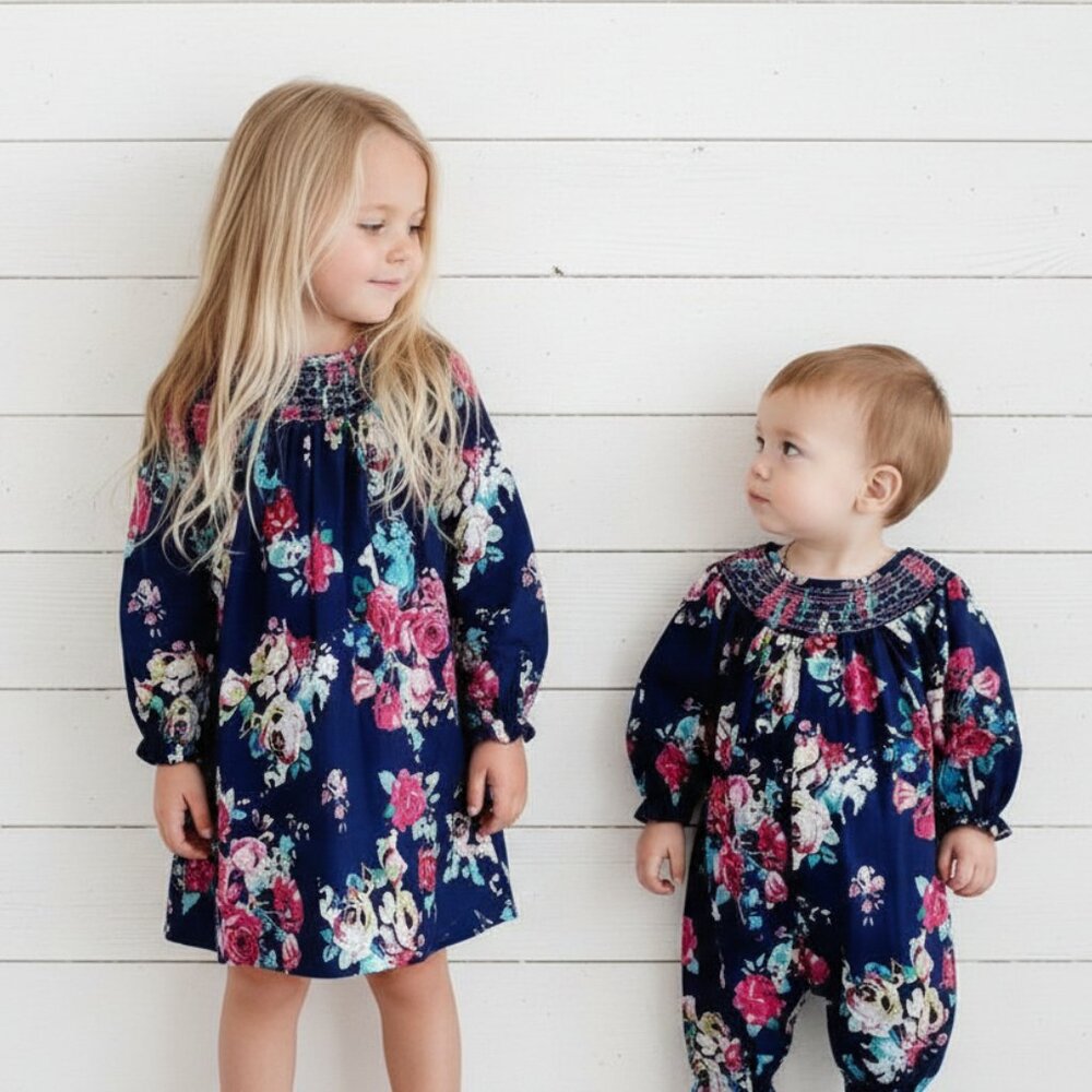 Blue Smocked Floral Girl's Romper, Toddler, Sister Set
